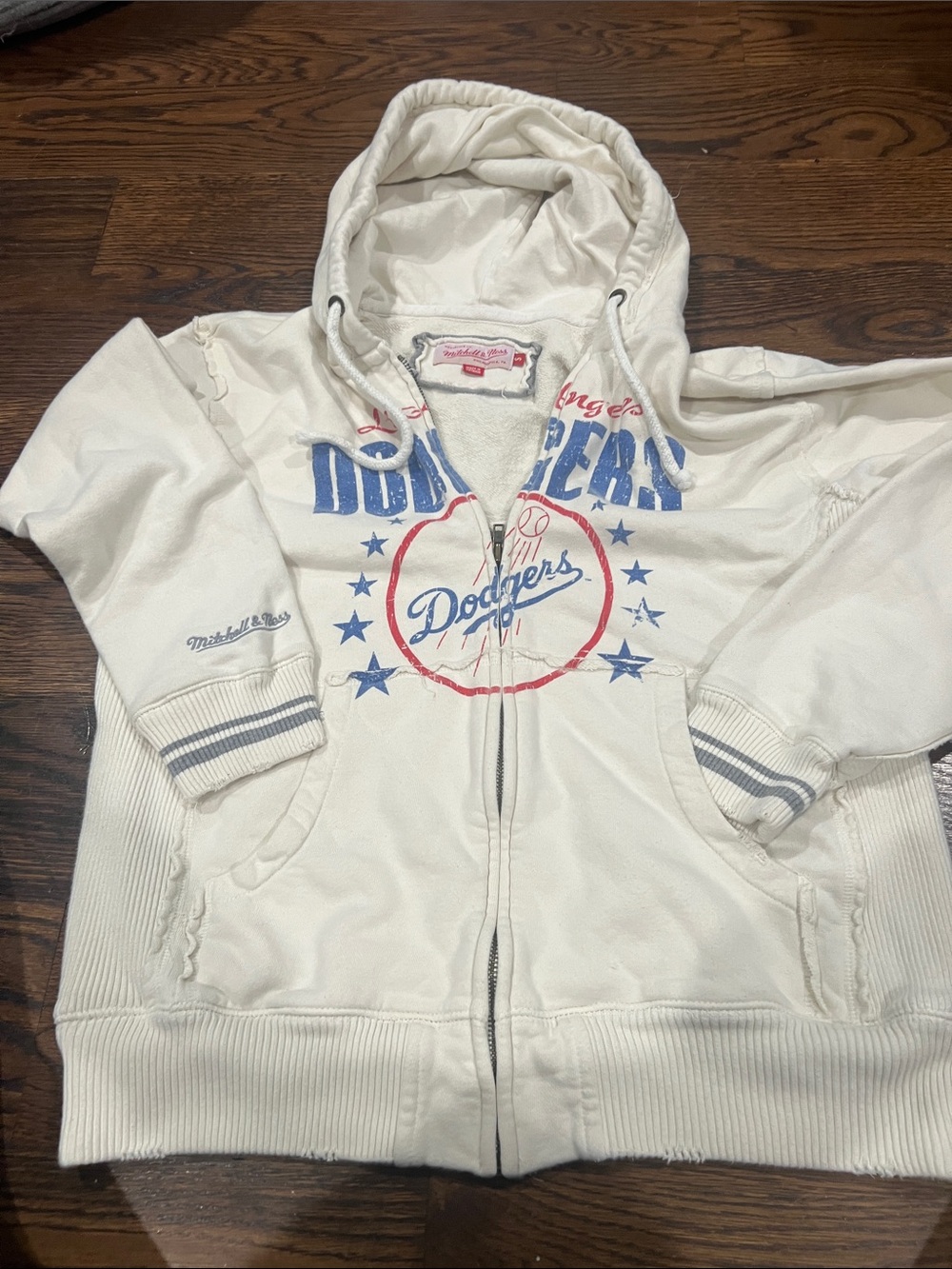 Mitchell & Ness White Los Angeles Dodgers Zip Hoodie with Blue & Red Logo
